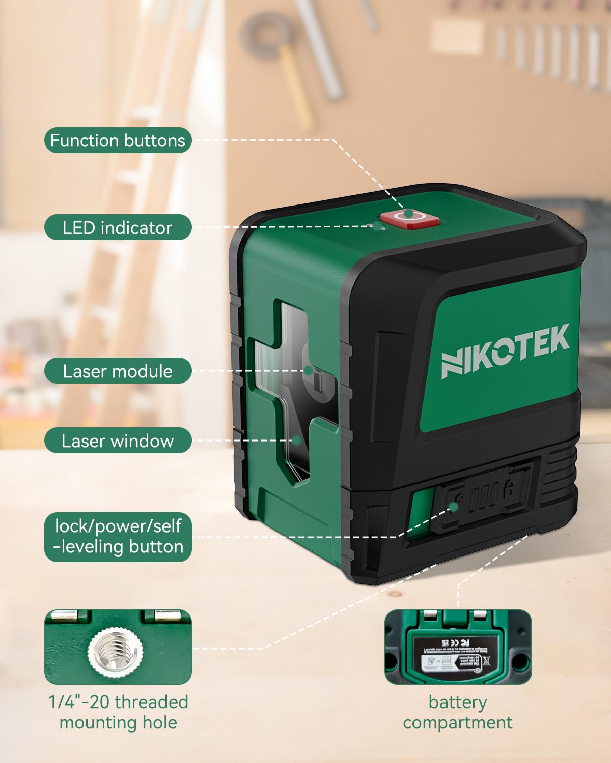 Nikotek Laser Level provides horizontal and vertical lines for versatile layouts.