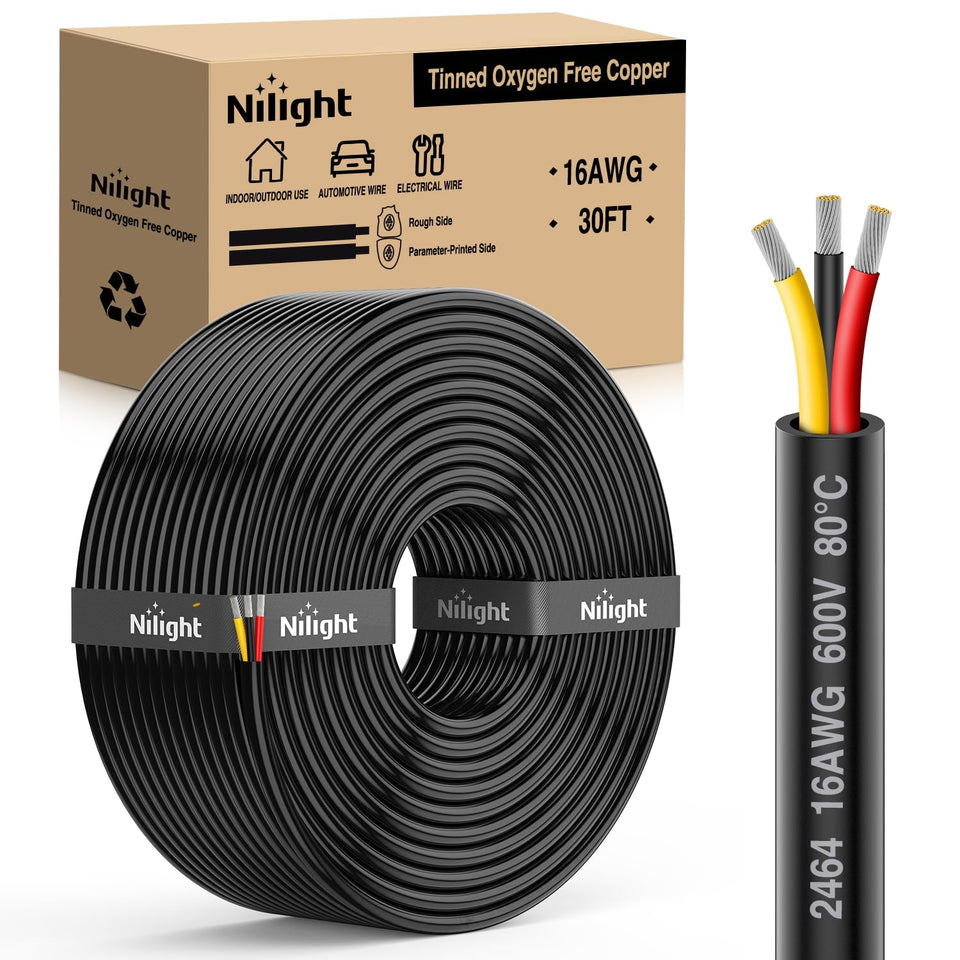 Nilight 30ft 16AWG 3-conductor wire with red, black and yellow leads for LED power