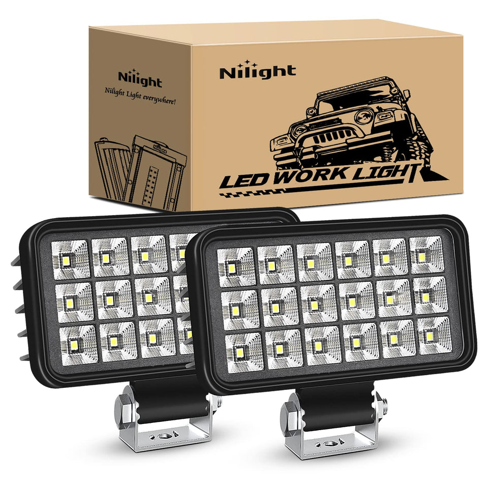 Nilight 4.4-inch square LED work light front view, wide 150° flood beam for off-road visibility.