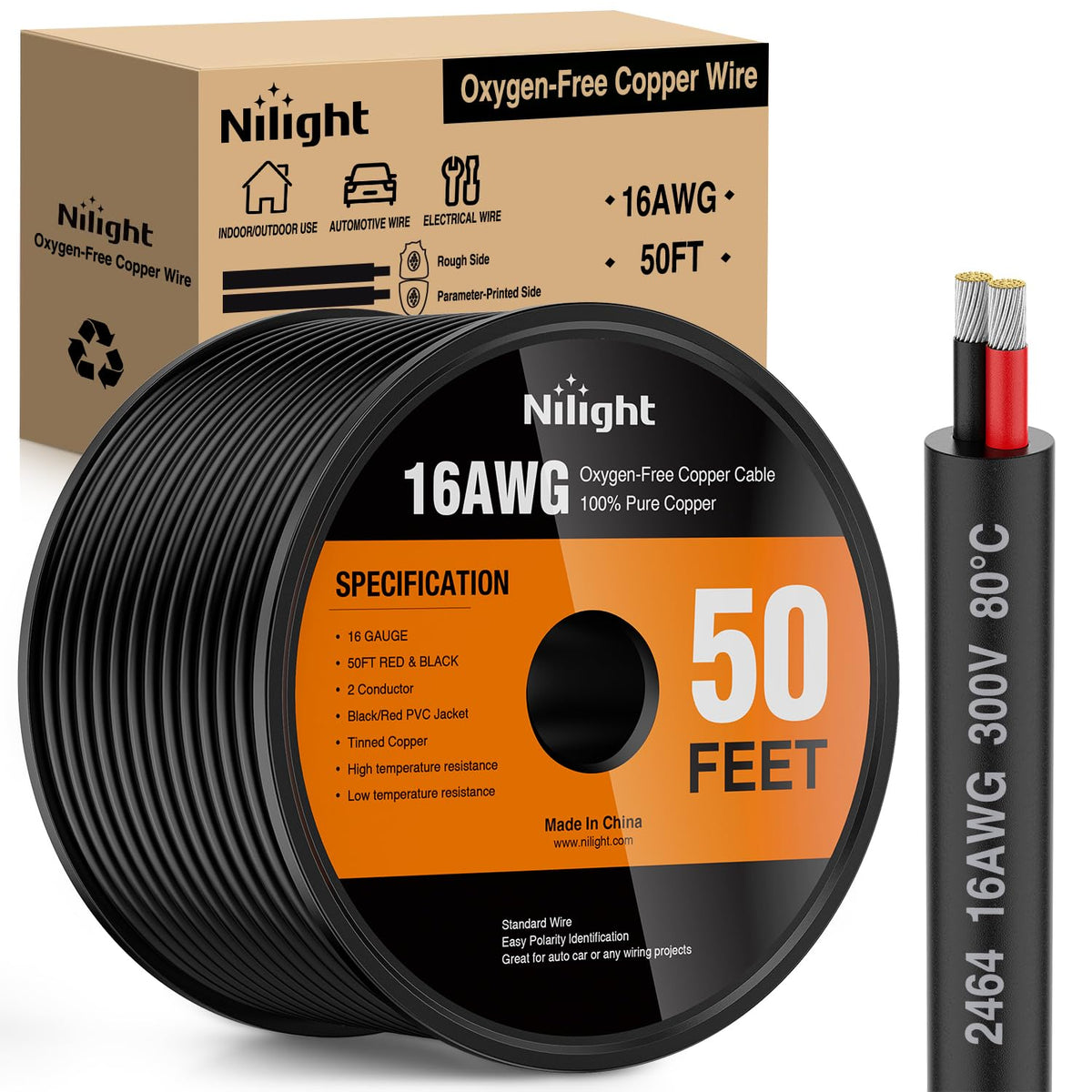 Nilight 50ft red wire spool for easy automotive wiring and clear polarity differentiation.