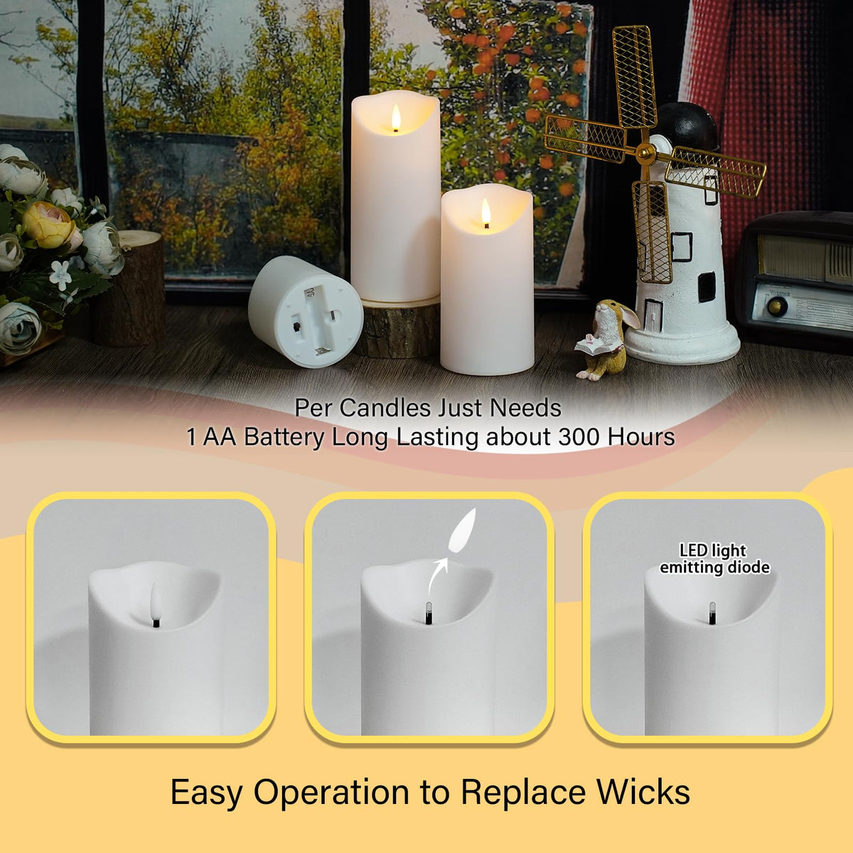 Nimiko flame-simulated wick enhances realism and flicker