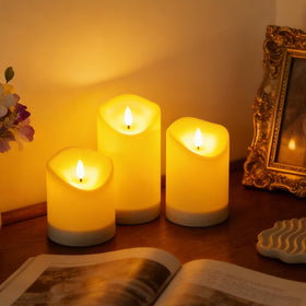 Nimiko solar outdoor flameless candle 6-inch height enhances a cozy patio.