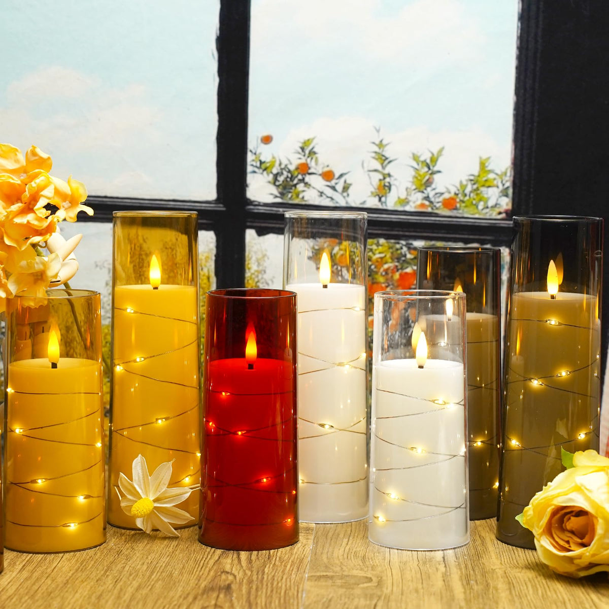 Nimiko decorative pillar candles enhance mantel décor with safe, flickering warmth.
