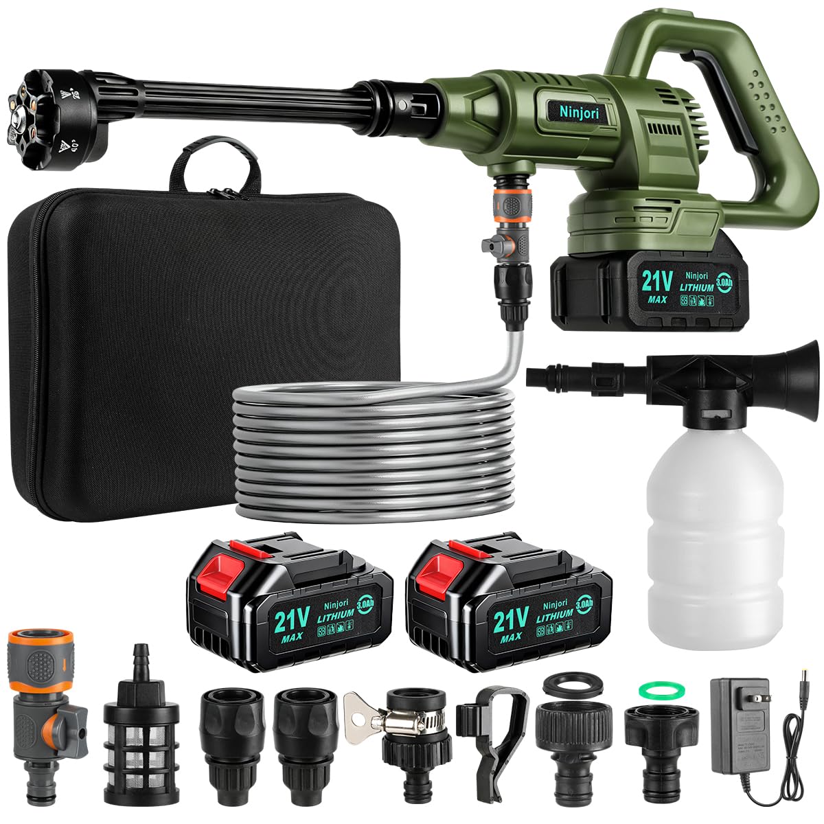 Ninjori Max 1100PSI battery pack powering portable outdoor cleaning
