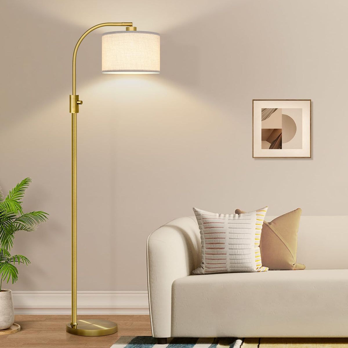 Nintiue arc dimmable brass floor lamp with angled arc for soft ambient lighting.