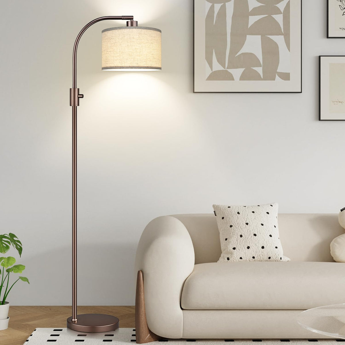 Nintiue arc floor lamp with brown linen shade front view for warm living room ambiance