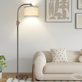 Nintiue arc floor lamp with brown linen shade front view for warm living room ambiance
