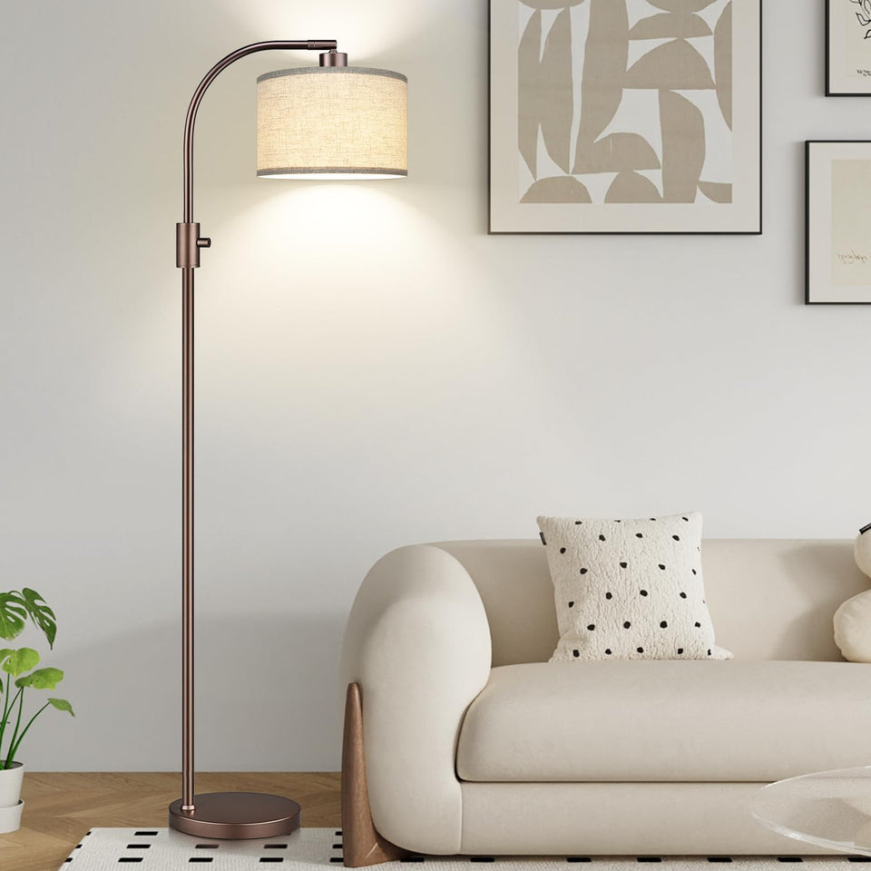 Nintiue arc floor lamp with brown linen shade front view for warm living room ambiance
