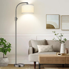 Nintiue Arc floor lamp front view with brushed nickel finish and linen shade