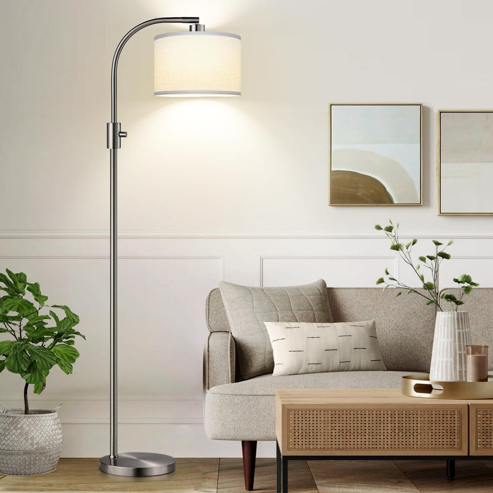 Nintiue Arc floor lamp front view with brushed nickel finish and linen shade