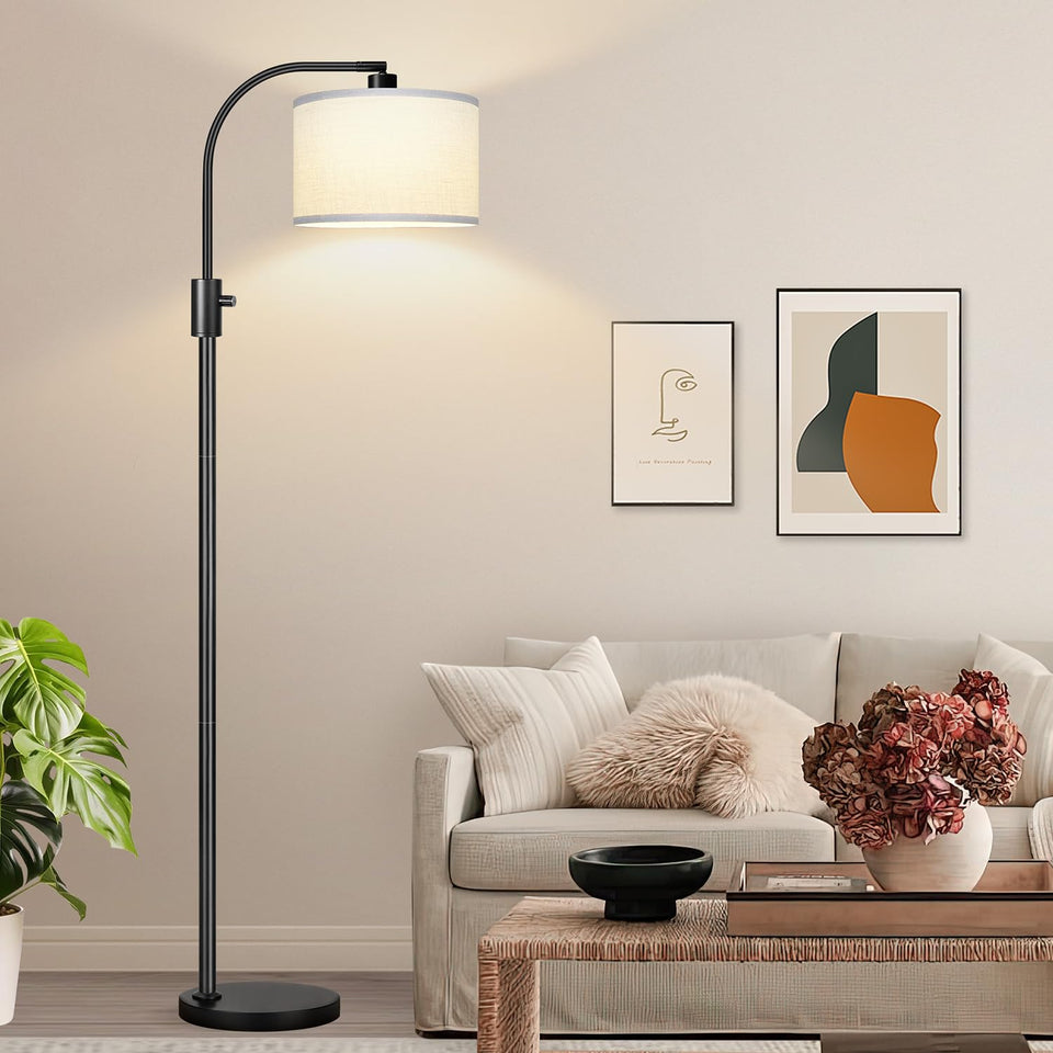 Nintiue arc floor lamp with white shade in a modern living room setup for cozy lighting.