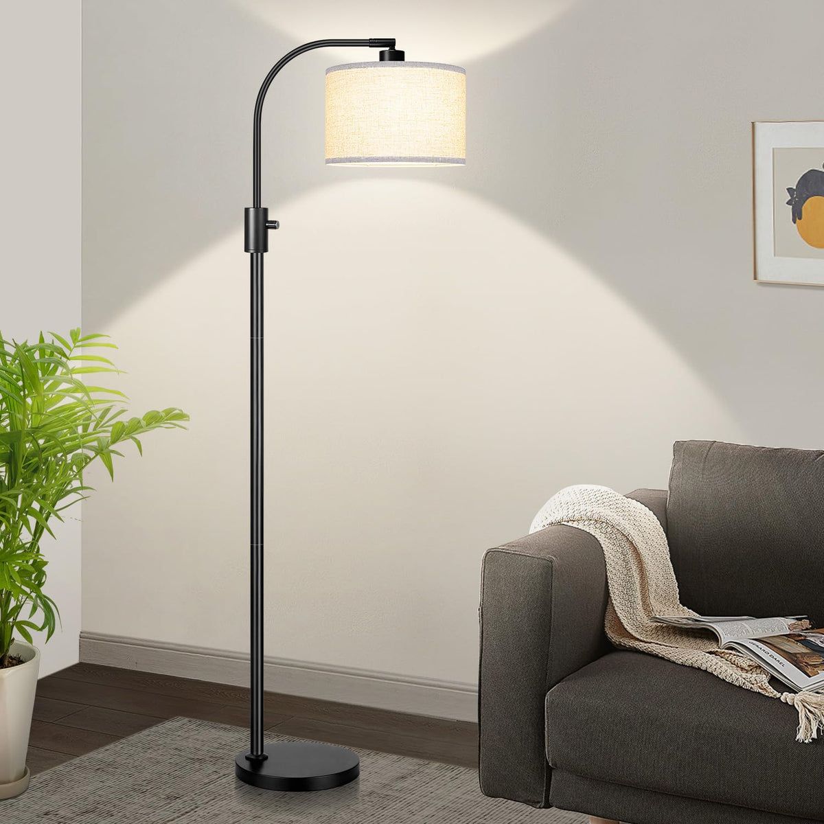 Nintiue arc lamp with linen shade provides soft, versatile light for living rooms.