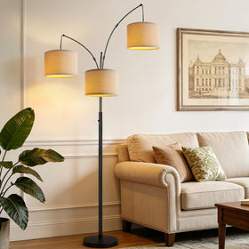 Nintiue dimmable arc floor lamp with three light heads for versatile living room illumination.