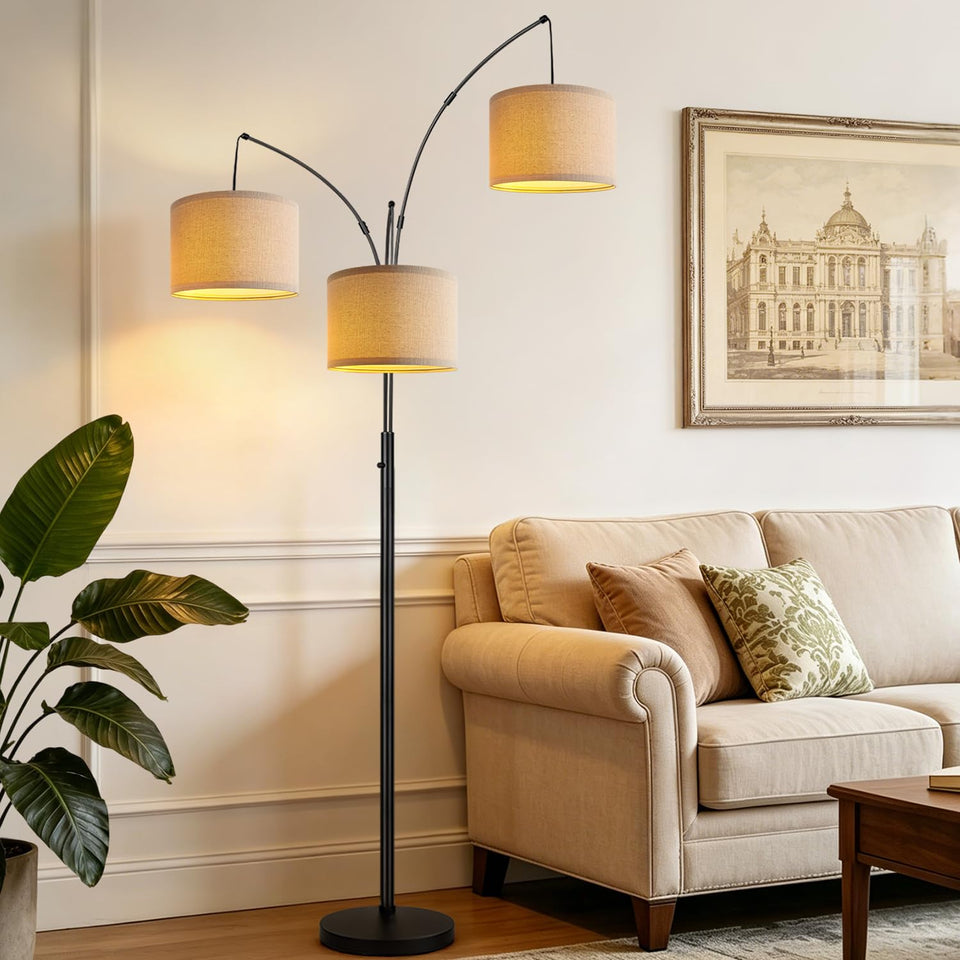 Nintiue dimmable arc floor lamp with three light heads for versatile living room illumination.