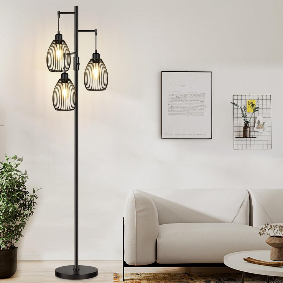 Nintiue dimmable floor lamp with teardrop cage in black adds ambient living room lighting.