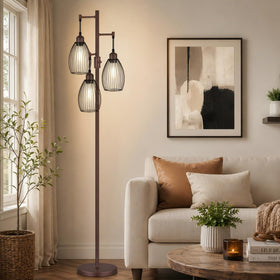 Nintiue dimmable floor lamp with teardrop cage head for warm, adjustable lighting.