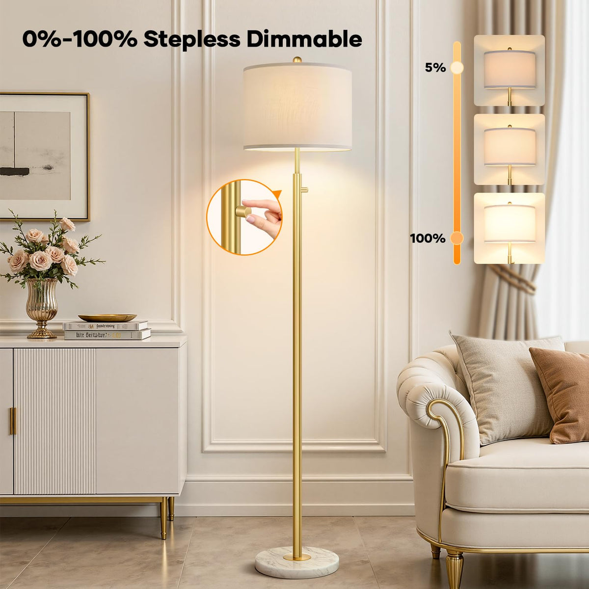 Nintiue dimmable gold floor lamp shade diffuses warm, inviting light.
