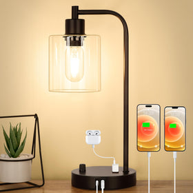 Nintiue industrial table lamp with USB ports shown on bedside setup for charging