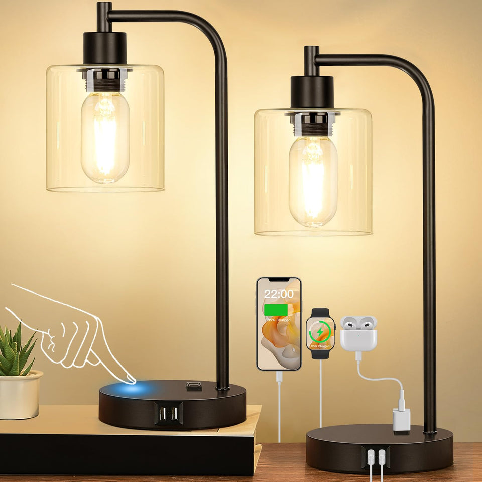 Nintiue two industrial touch lamps for easy nightstand lighting.