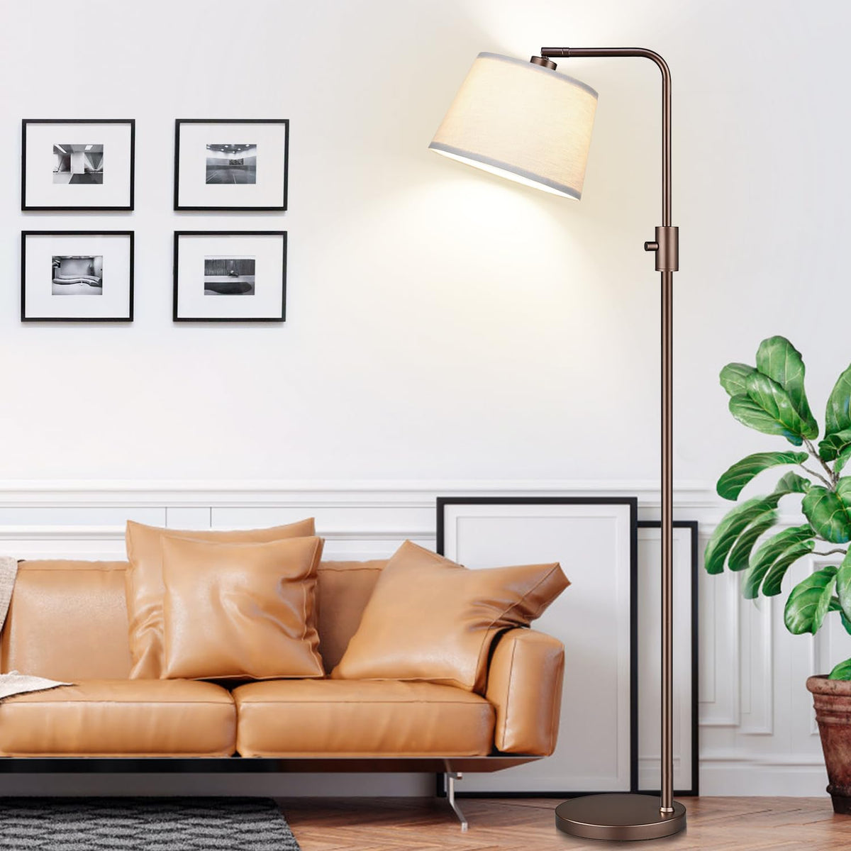 Nintiue arc lamp reading position provides focused task lighting near a desk.