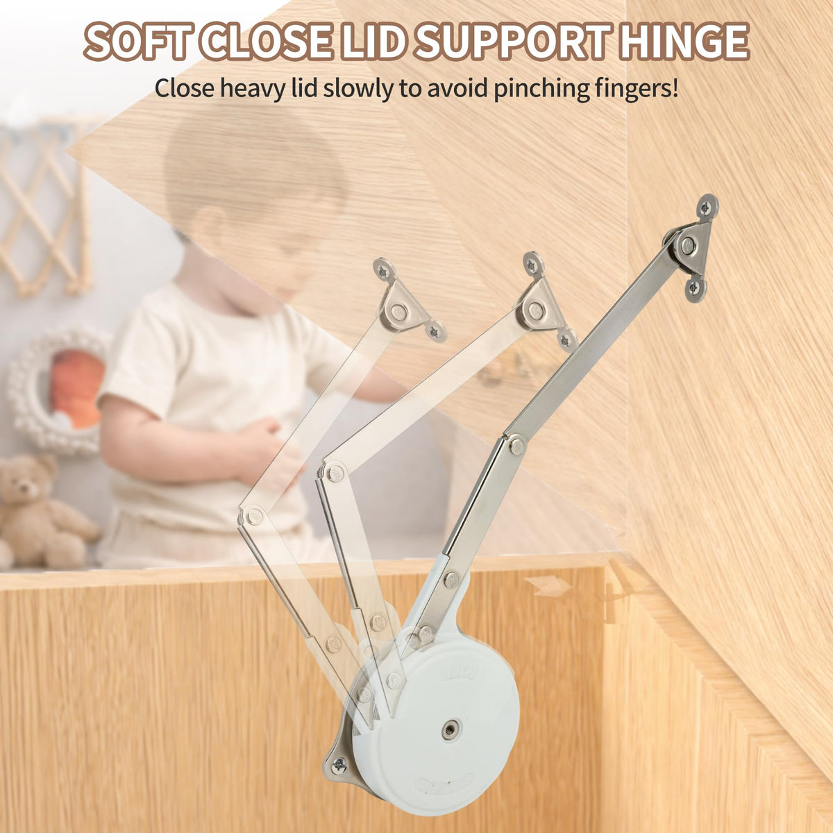 Nintival toy box hinges soft-close action demonstrating smooth lid closure