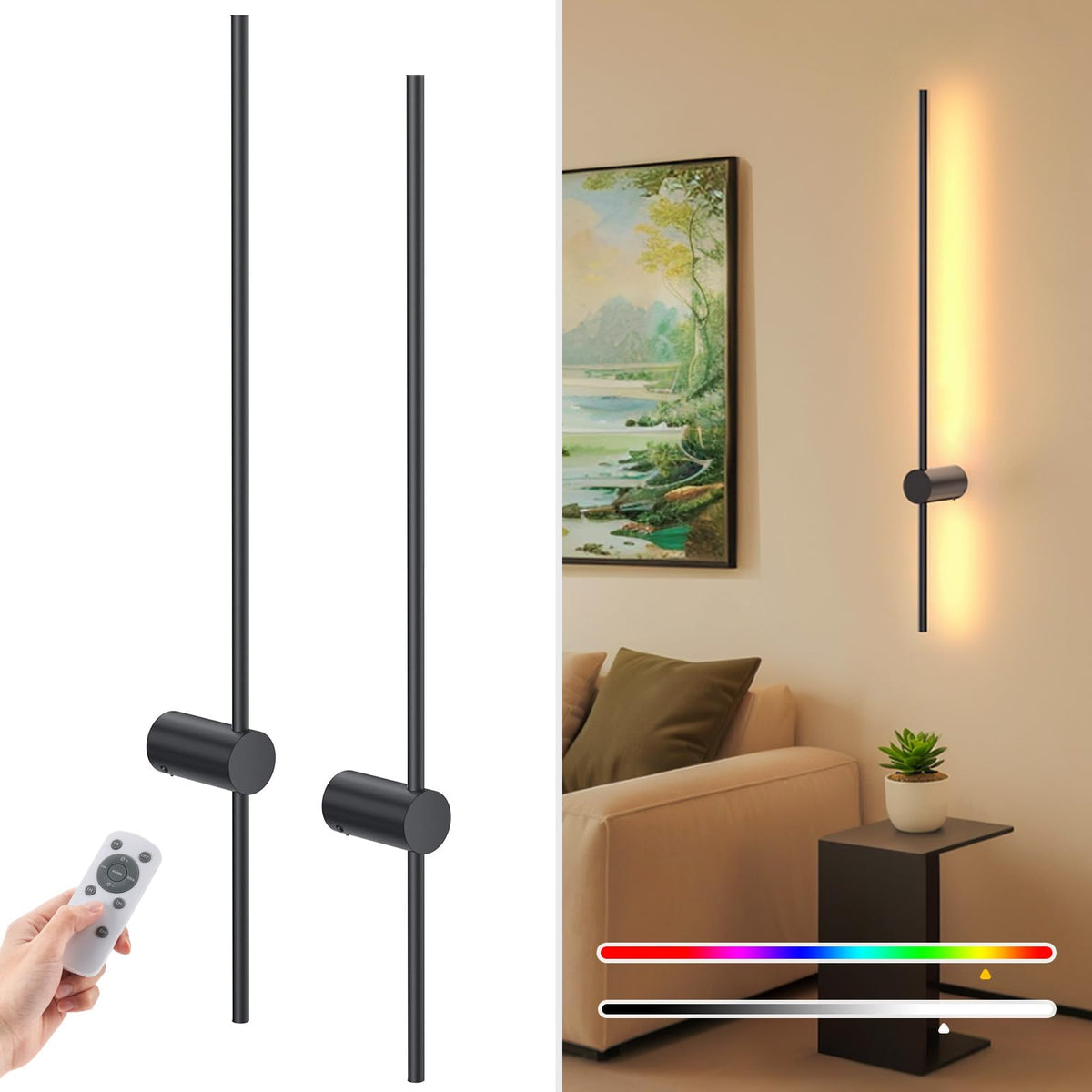 NIORSUN 35.4-inch wireless wall sconces in black finish for cordless lighting