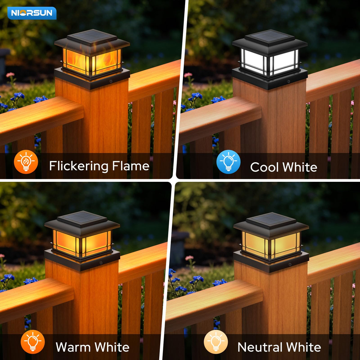 NIORSUN fence post-cap light displaying flame glow for outdoor evenings