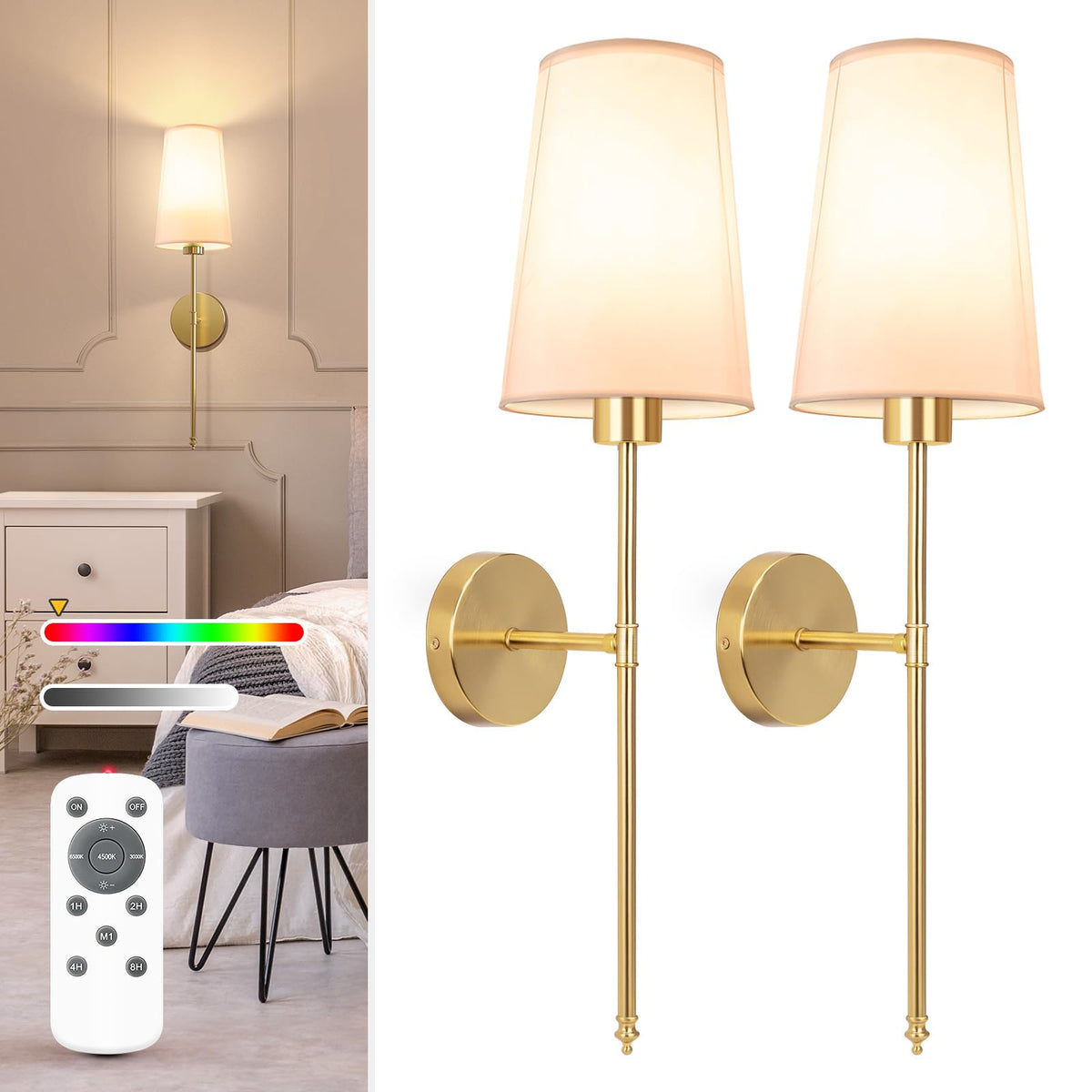 NIORSUN gold wall sconce set of 2 mounted for cordless, stylish lighting.