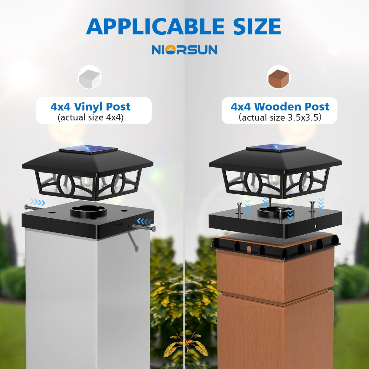NIORSUN IP64 waterproof post-cap light withstands rain for reliable outdoor lighting.