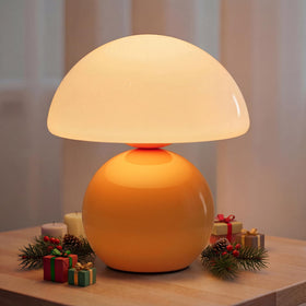 NIORSUN Mushroom Lamp with glass shade delivers warm ambience beside the bed.
