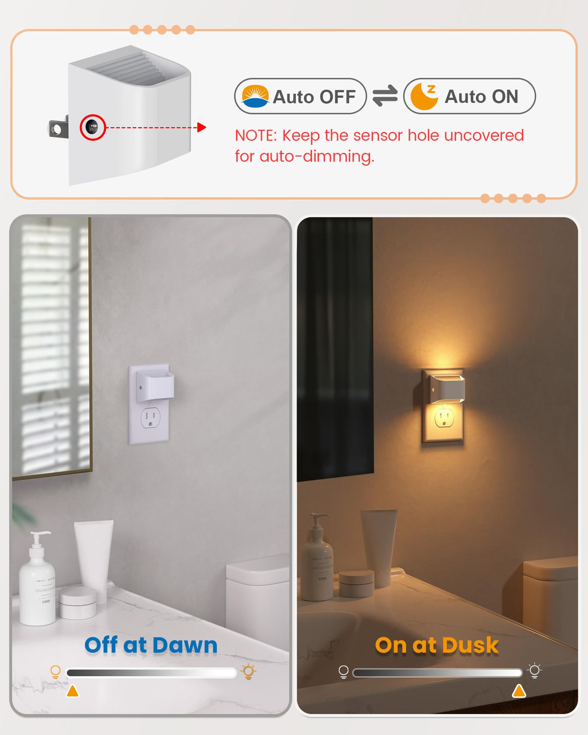 NIORSUN auto-brightness night light adjusts to ambient light levels.