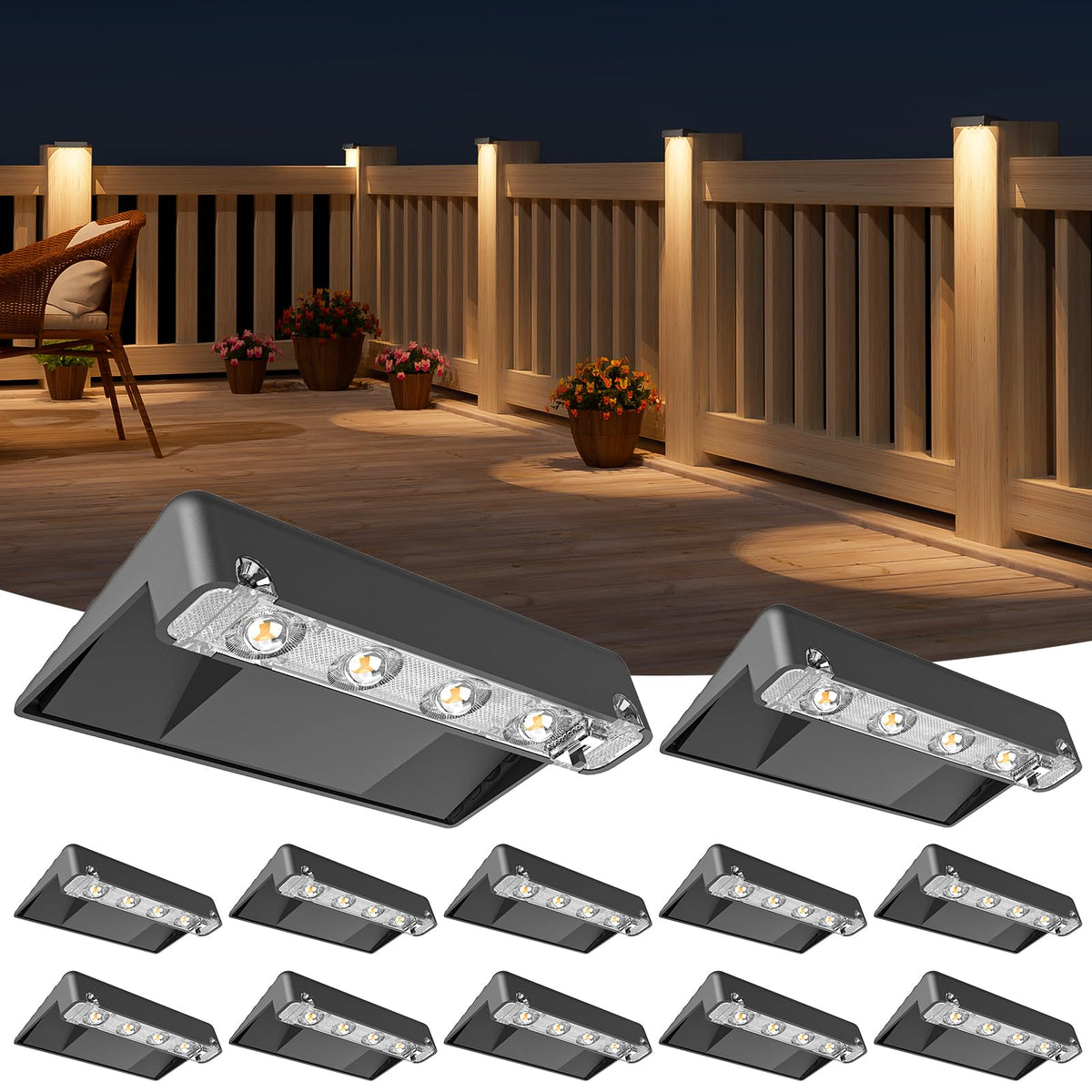 NIORSUN solar deck lights with lenses illuminate steps for safer nighttime access.