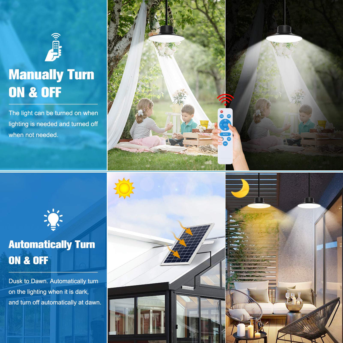 NIORSUN solar pendant light remote enables easy brightness and color control