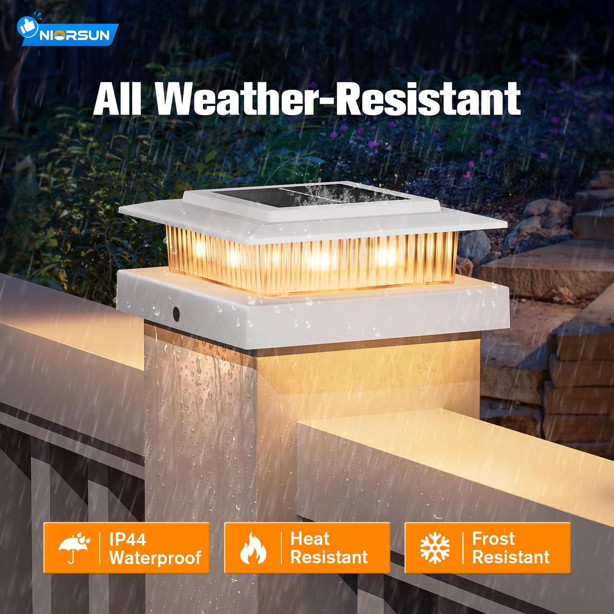 Niorsun IP44 waterproof design withstands rain and sun for consistent glow