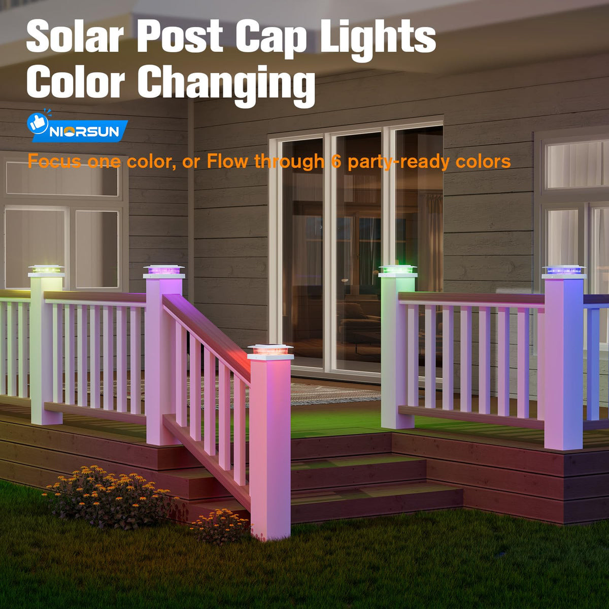 Niorsun solar post cap light at night providing long-lasting illumination