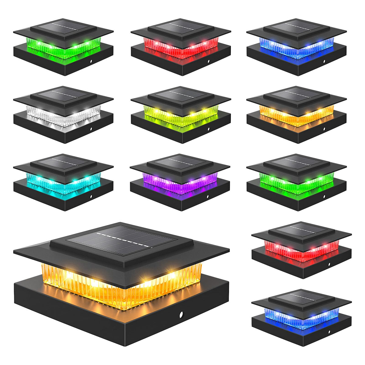 NIORSUN color-cycle solar post cap lights illuminating a garden fence for ambience
