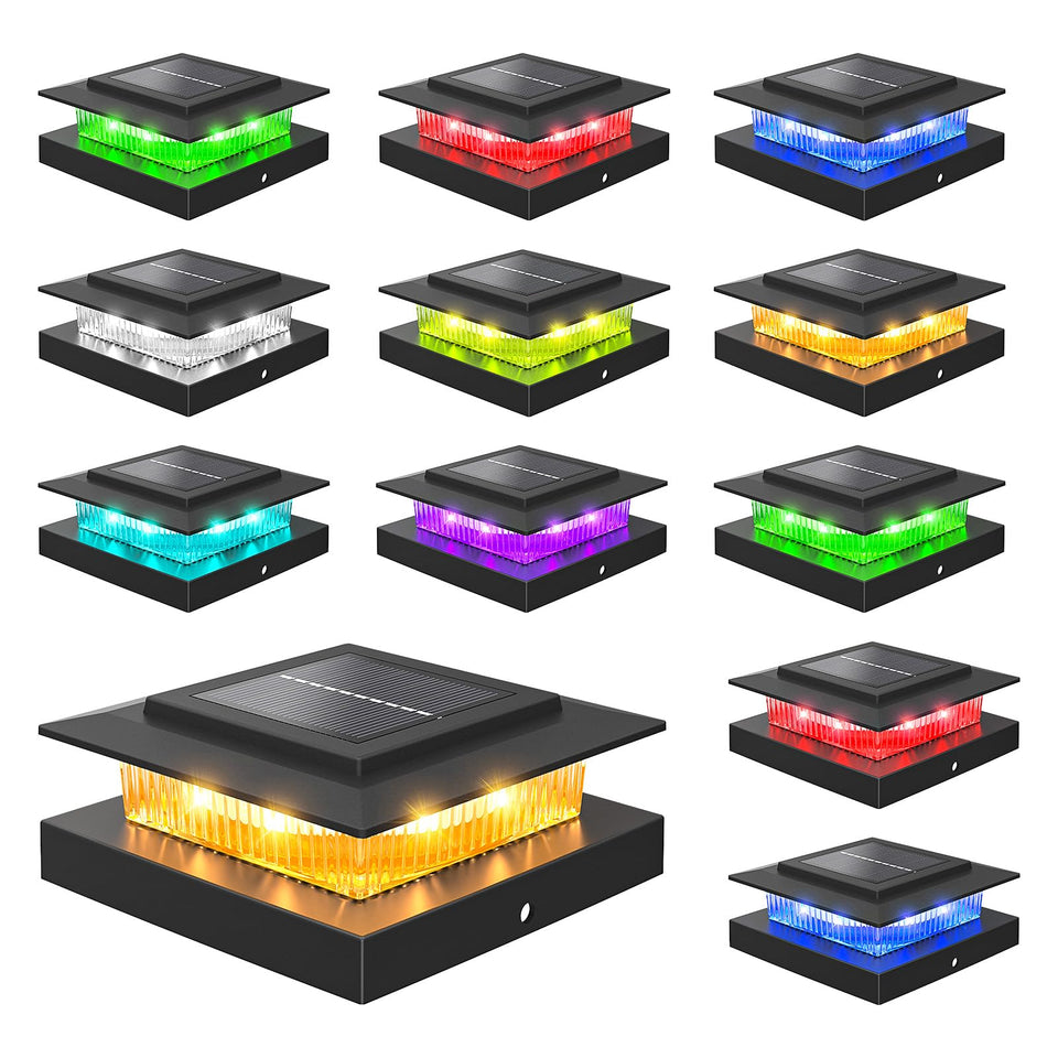 NIORSUN color-cycle solar post cap lights illuminating a garden fence for ambience