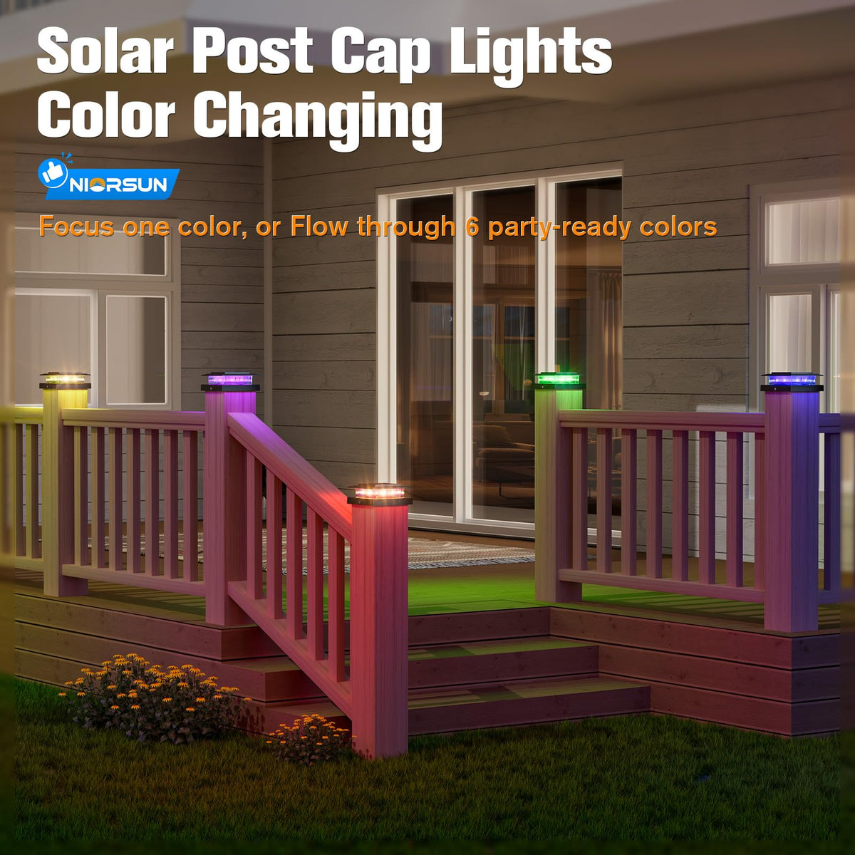 NIORSUN solar post cap lights enabling night illumination along a deck