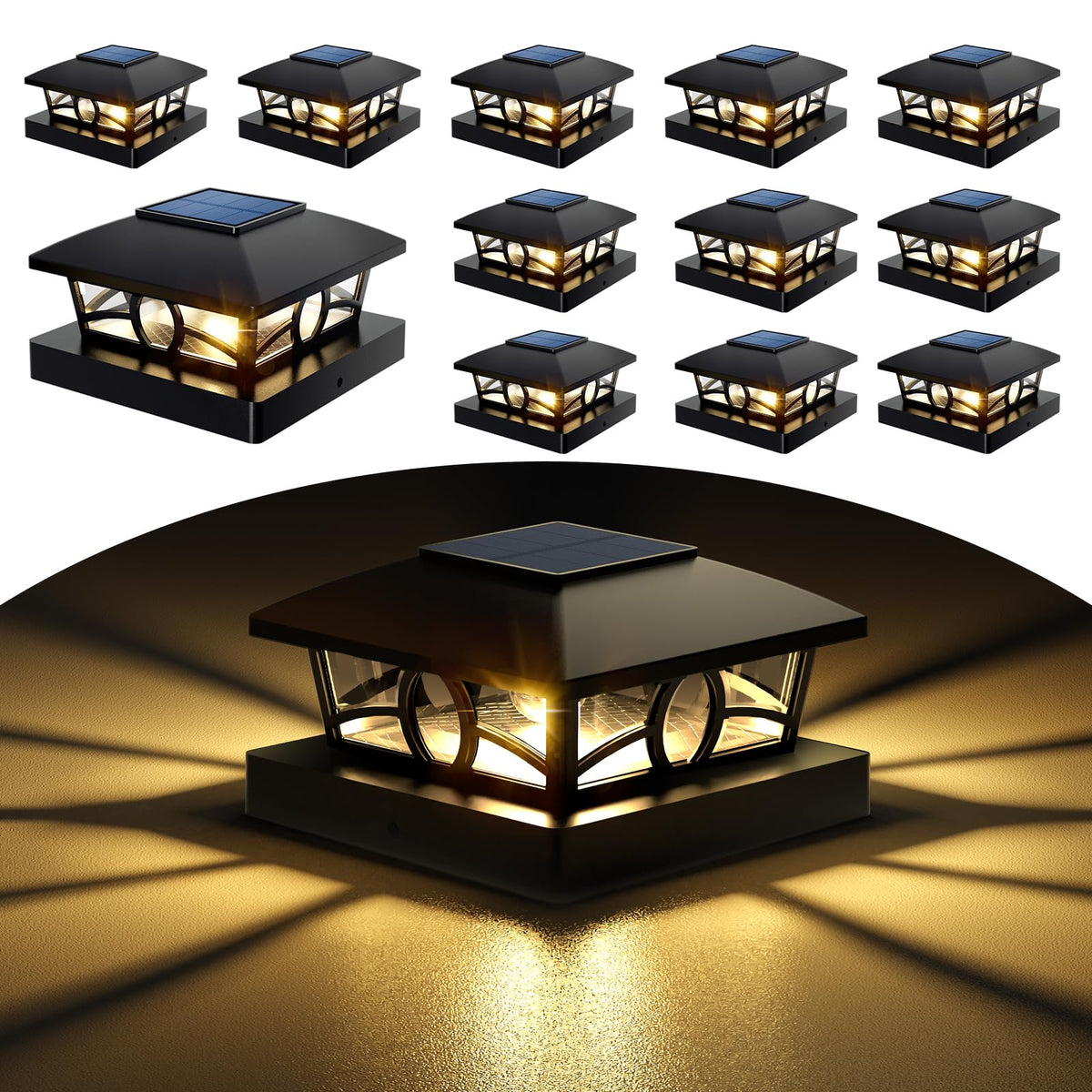 NIORSUN solar post light 4x4 cap bundle illuminates wooden posts outdoors for ambiance.