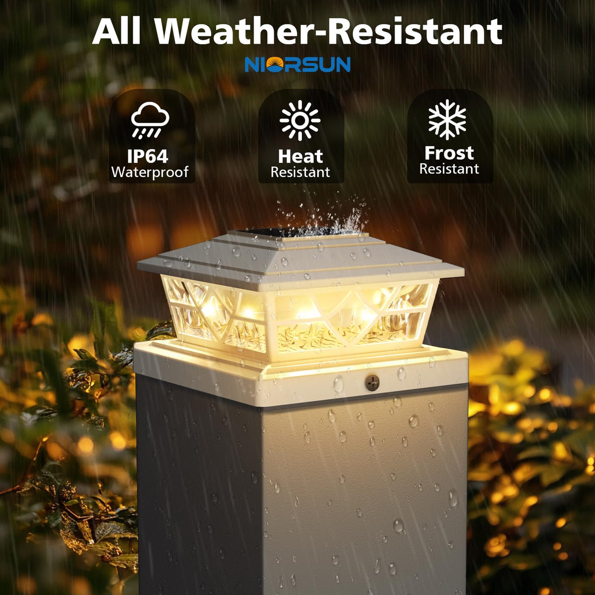 NIORSUN solar post light on deck post with included screws for quick setup.