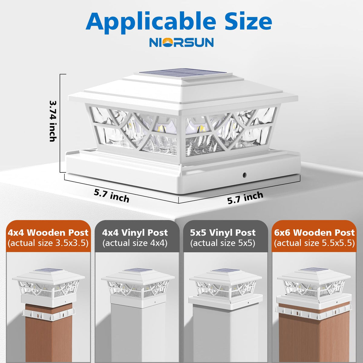 NIORSUN IP64 waterproof post light withstands rain and snow for outdoor use.