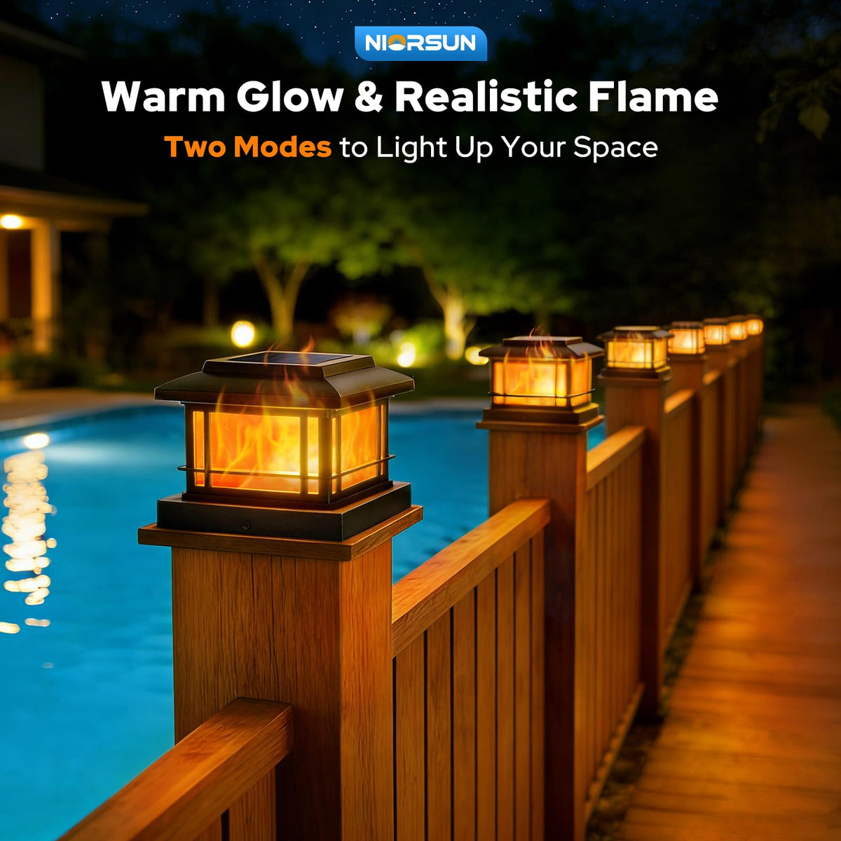 NIORSUN solar post light with three color temps for versatile mood lighting