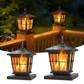 NIORSUN solar post lights with dancing flame on a 4x4 post for cozy outdoor ambiance