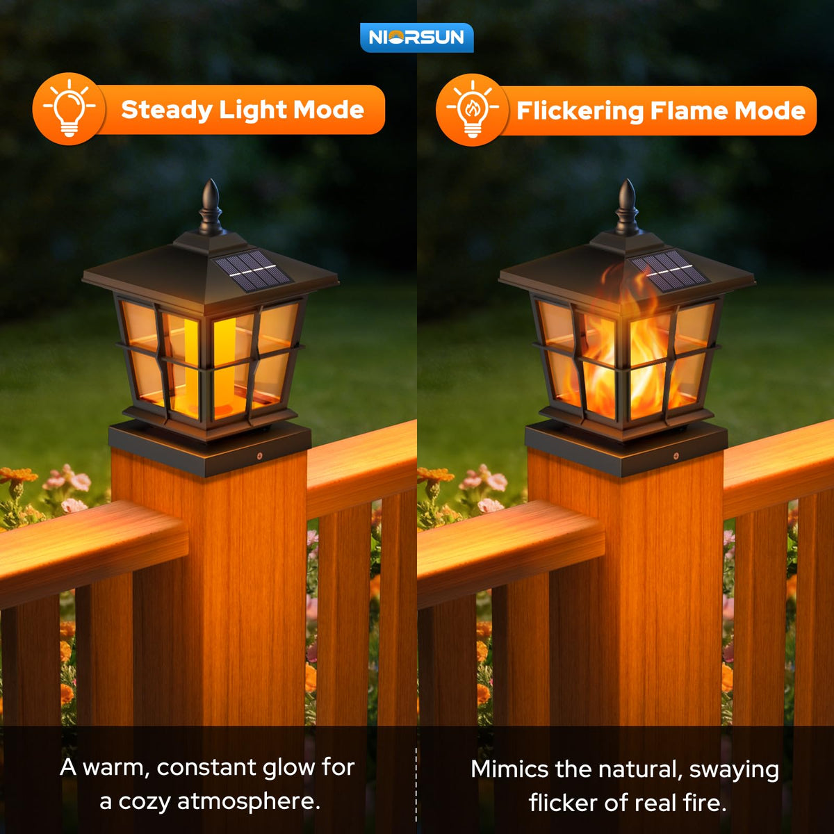 NIORSUN solar post lights with dancing flame on a 5x5 post for garden nighttime charm