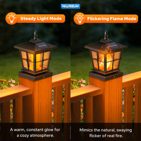 NIORSUN solar post lights with dancing flame on a 5x5 post for garden nighttime charm