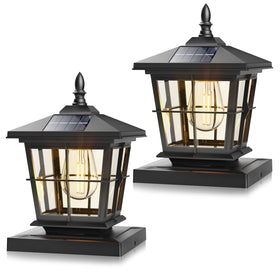 NIORSUN solar post lights with Edison bulbs and 3 temperature options illuminate a fence at dusk.