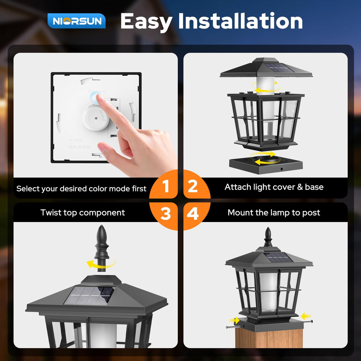 NIORSUN fence-cap lights glow safely at night on post caps