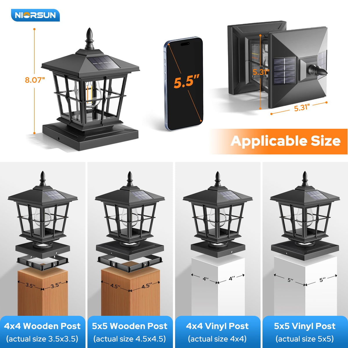 NIORSUN solar post lights install easily with included mounting screws for fence posts.