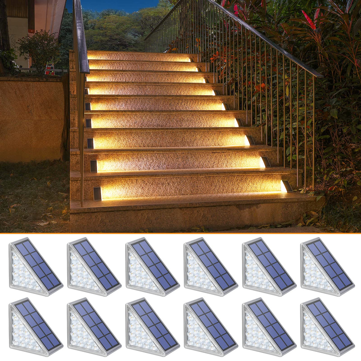NIORSUN solar step lights with triangle design illuminate stair corners for safer nighttime entry.