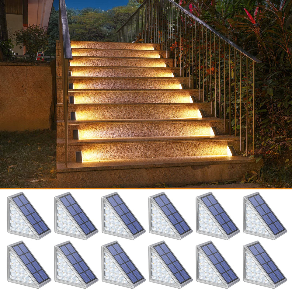 NIORSUN solar step lights with triangle design illuminate stair corners for safer nighttime entry.